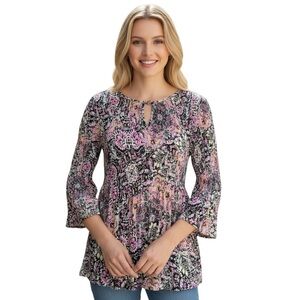 Floral & Ivy Women’s 3/4 Sleeve Pink Black Print Keyhole Blouse Small